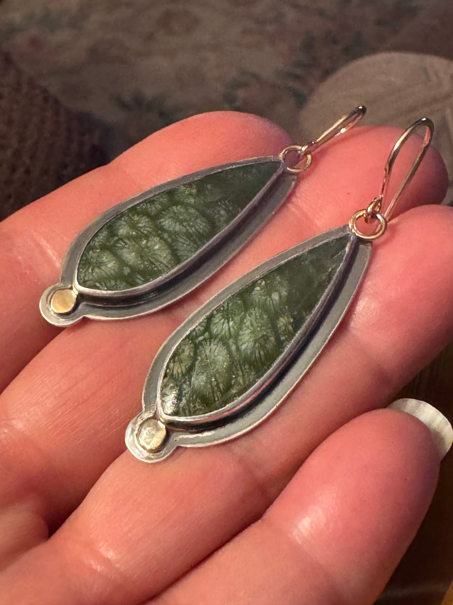 Green Fossilized Coral Sterling silver, 18K, 14K GF Dangle Earrings