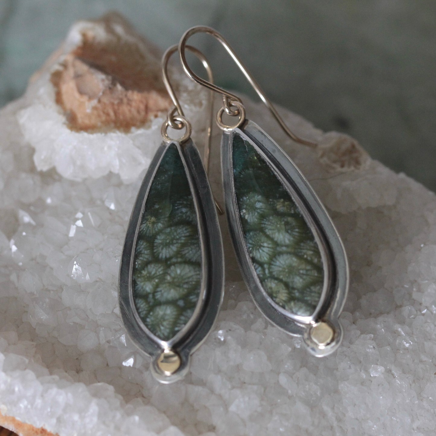 Green Fossilized Coral Sterling silver, 18K, 14K GF Dangle Earrings