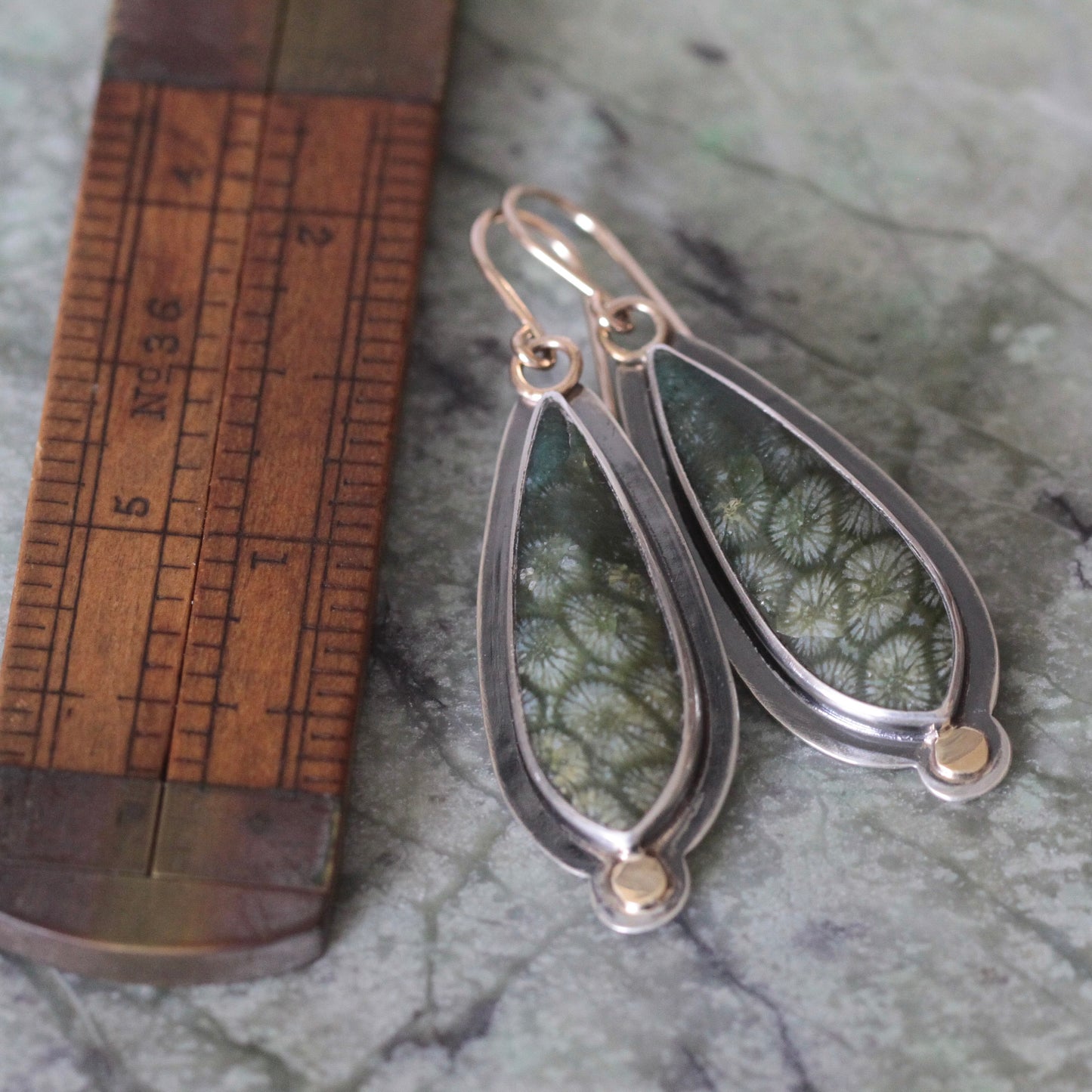 Green Fossilized Coral Sterling silver, 18K, 14K GF Dangle Earrings