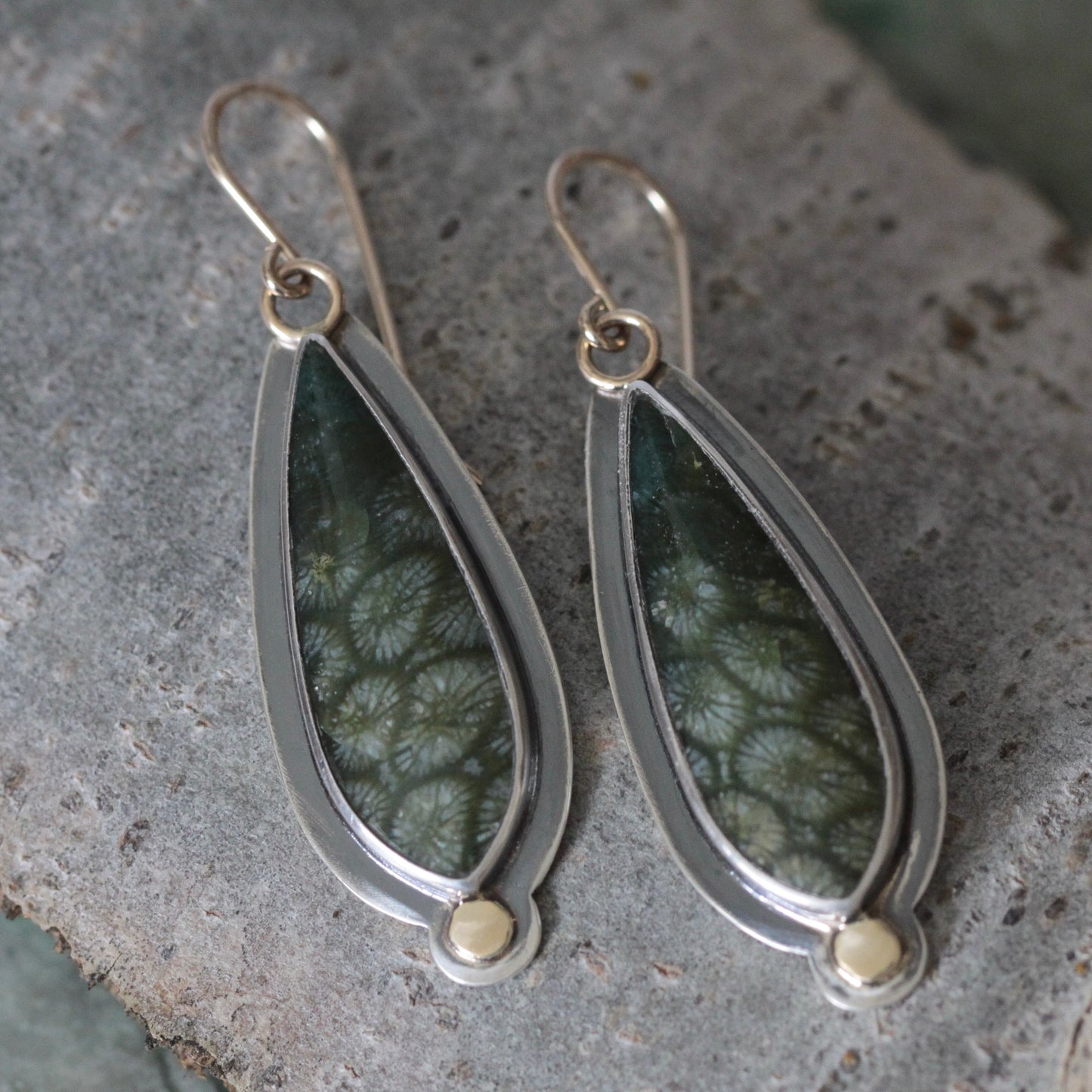 Green Fossilized Coral Sterling silver, 18K, 14K GF Dangle Earrings
