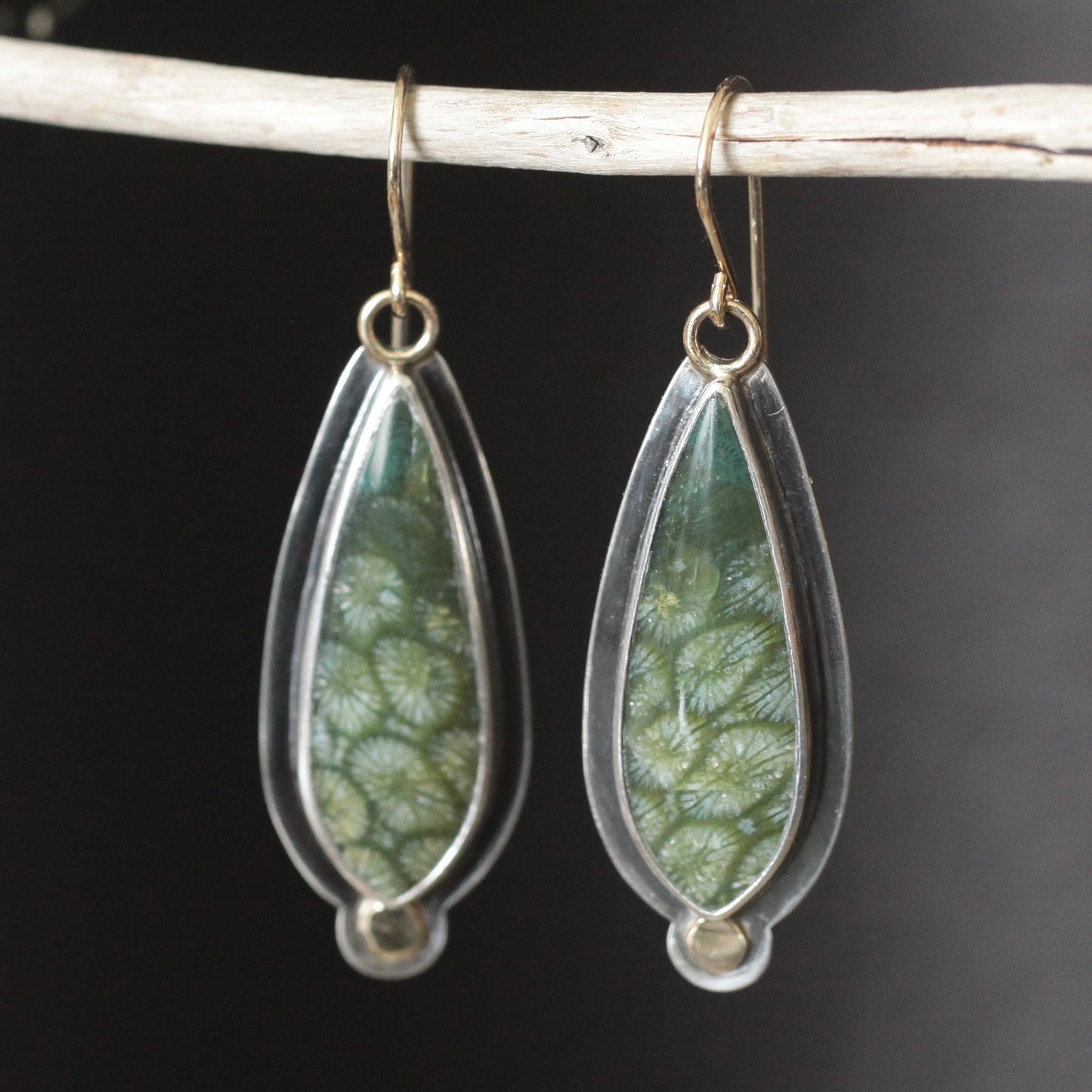 Green Fossilized Coral Sterling silver, 18K, 14K GF Dangle Earrings