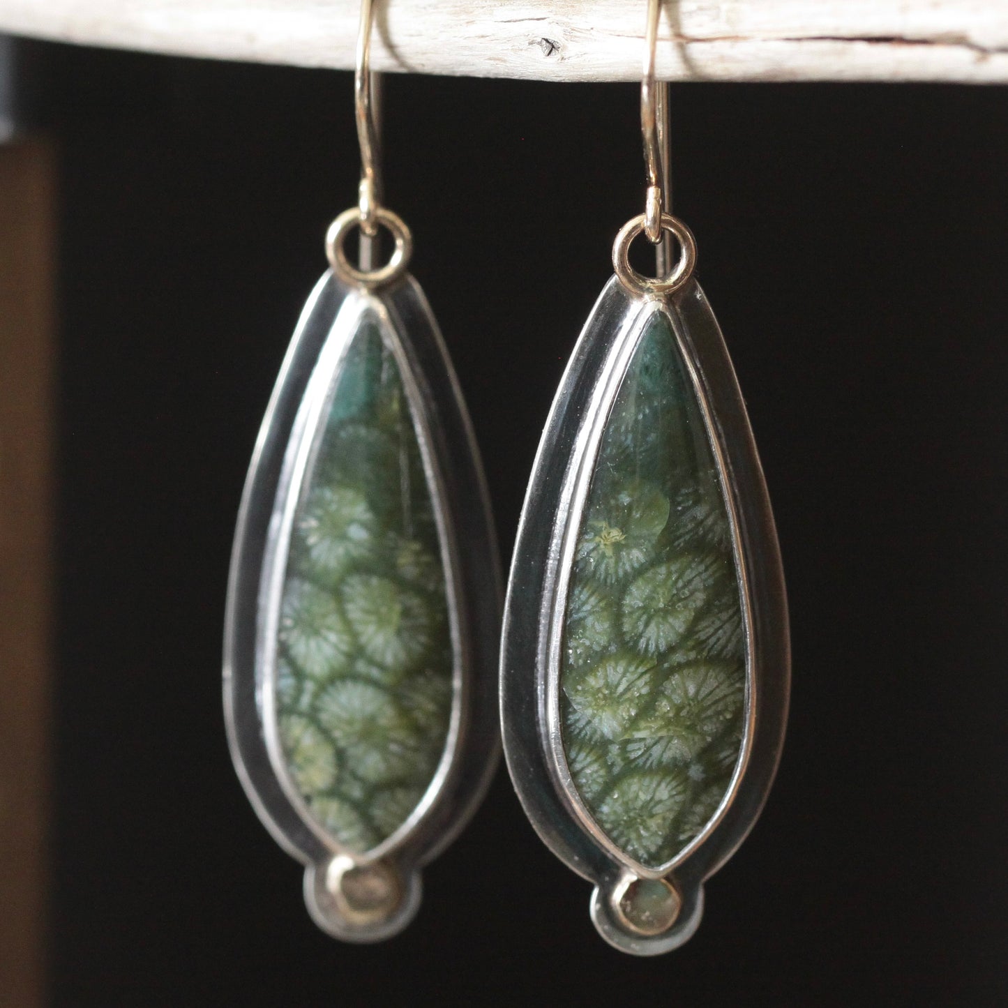 Green Fossilized Coral Sterling silver, 18K, 14K GF Dangle Earrings