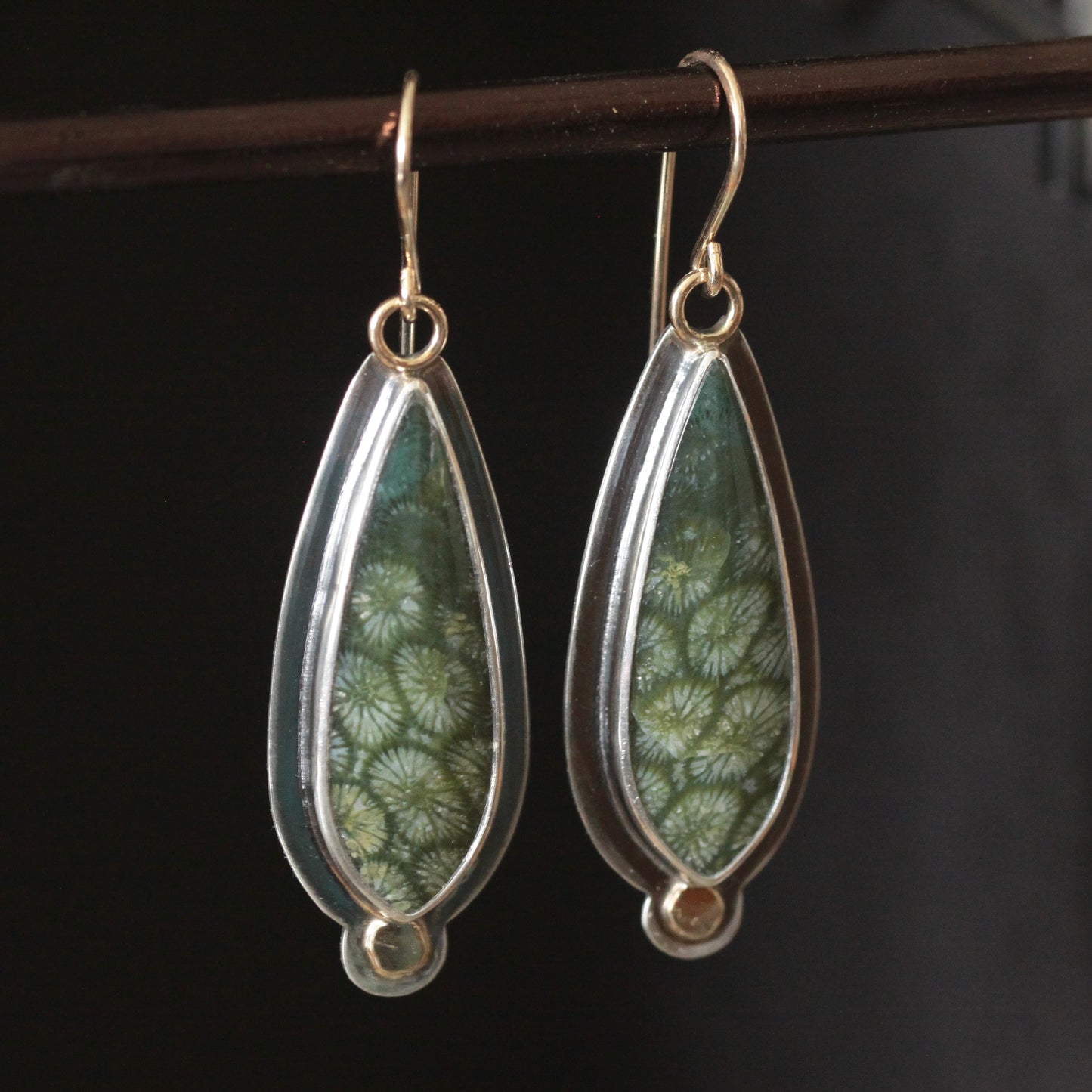 Green Fossilized Coral Sterling silver, 18K, 14K GF Dangle Earrings