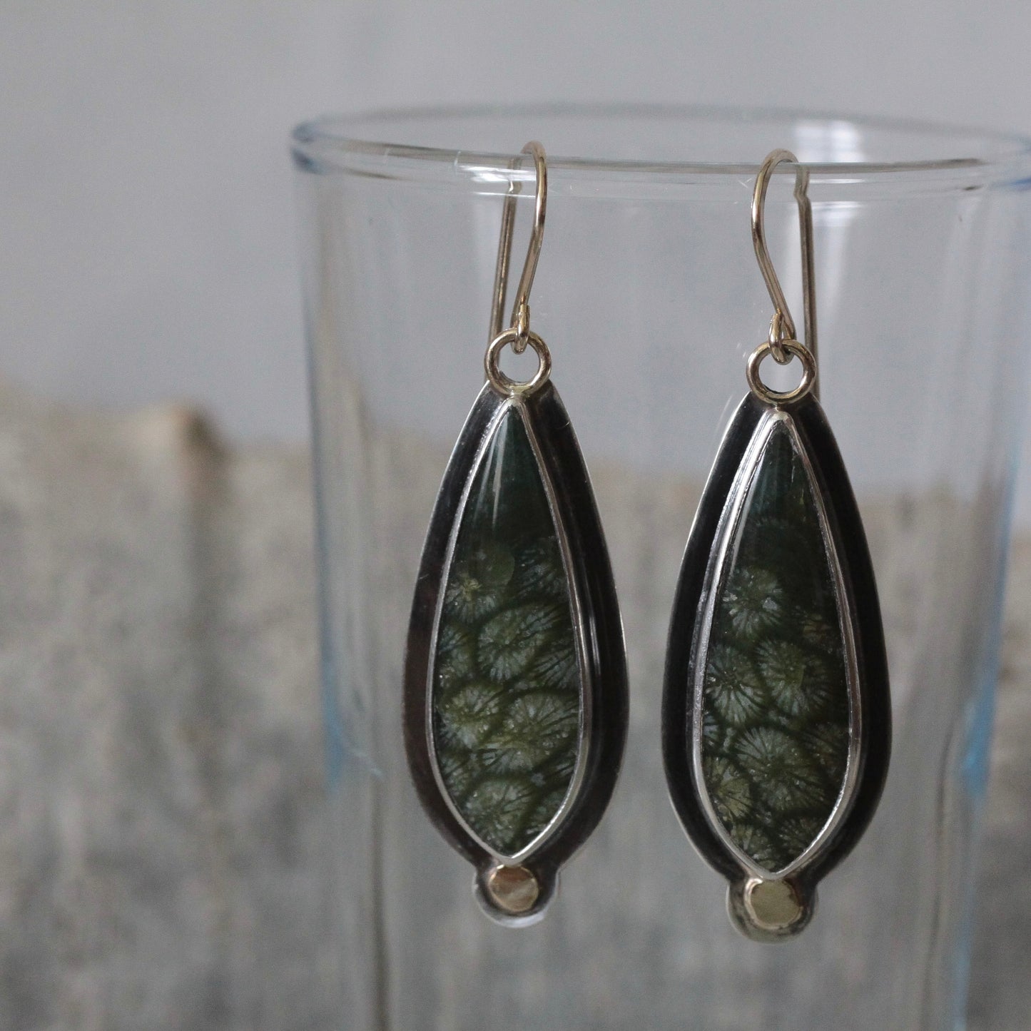 Green Fossilized Coral Sterling silver, 18K, 14K GF Dangle Earrings