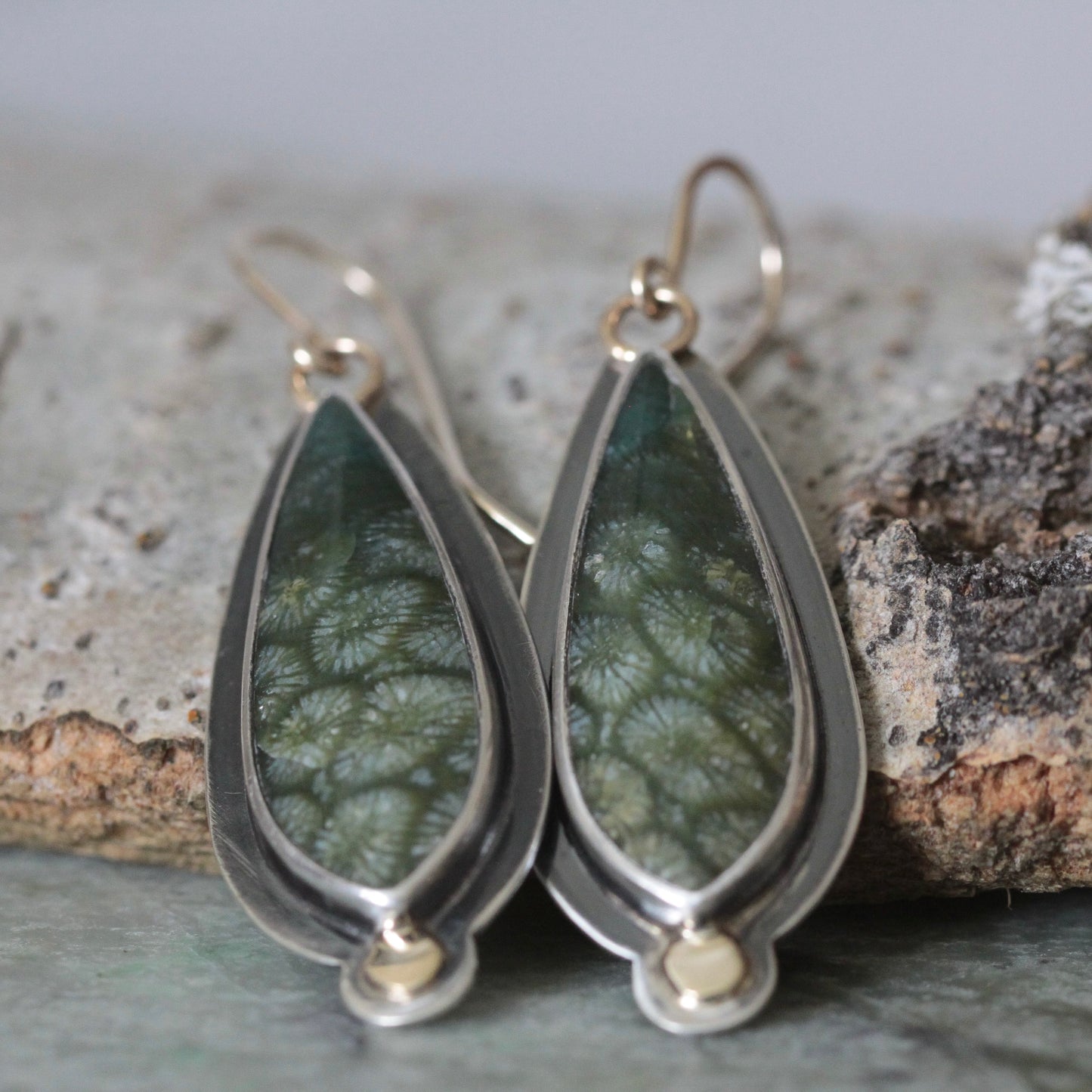 Green Fossilized Coral Sterling silver, 18K, 14K GF Dangle Earrings