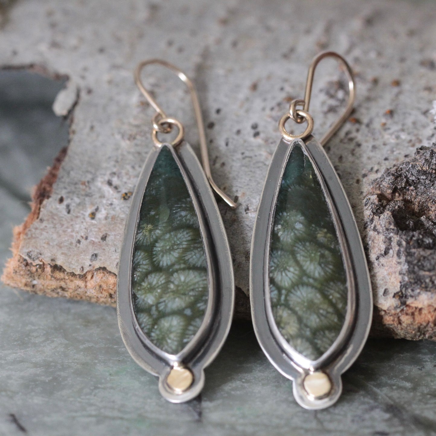 Green Fossilized Coral Sterling silver, 18K, 14K GF Dangle Earrings
