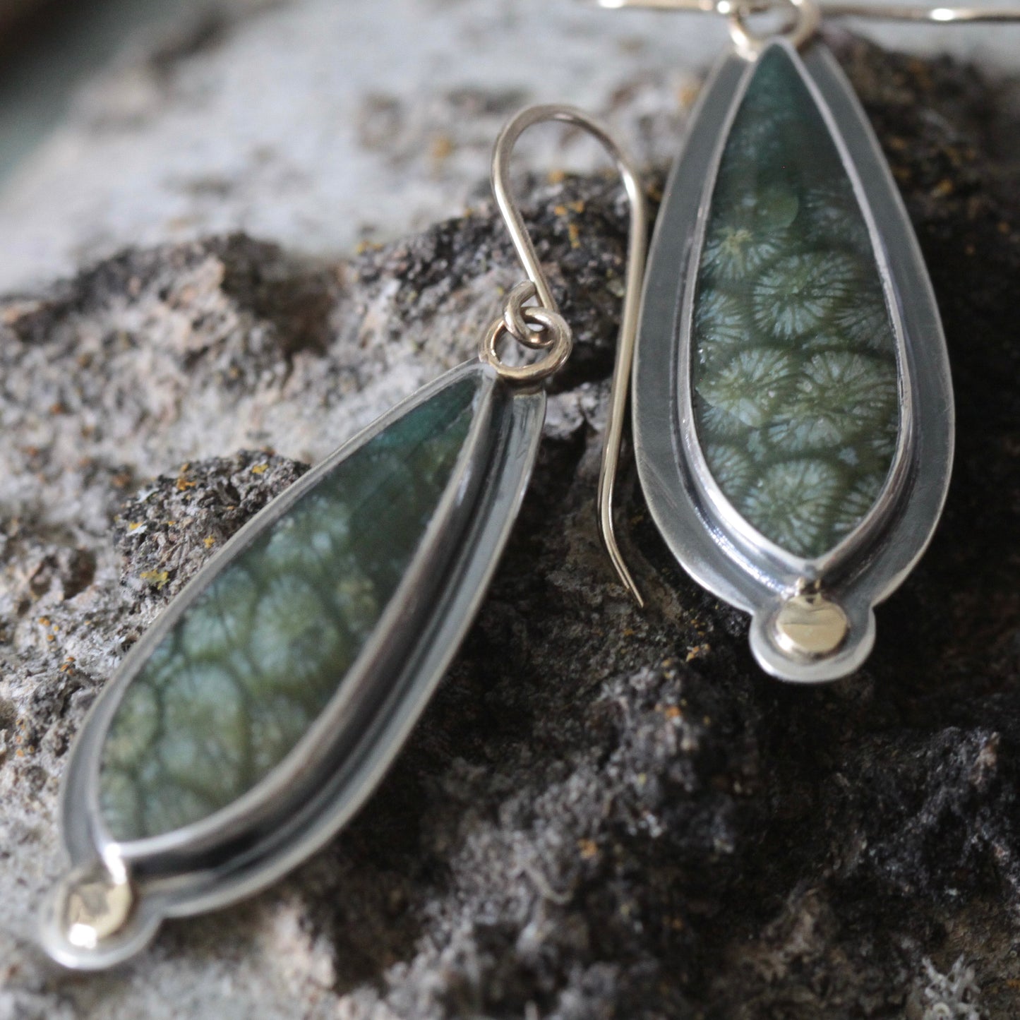 Green Fossilized Coral Sterling silver, 18K, 14K GF Dangle Earrings