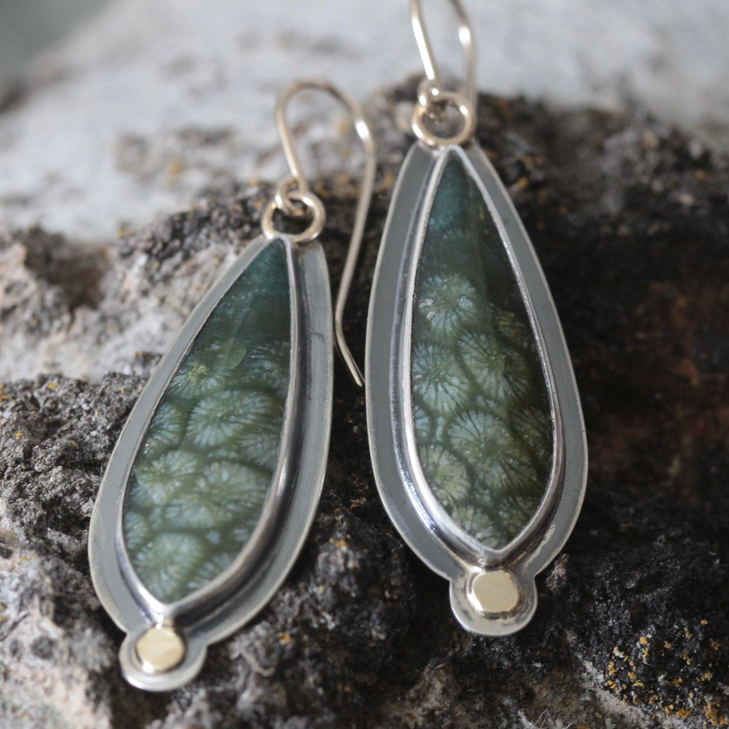 Green Fossilized Coral Sterling silver, 18K, 14K GF Dangle Earrings
