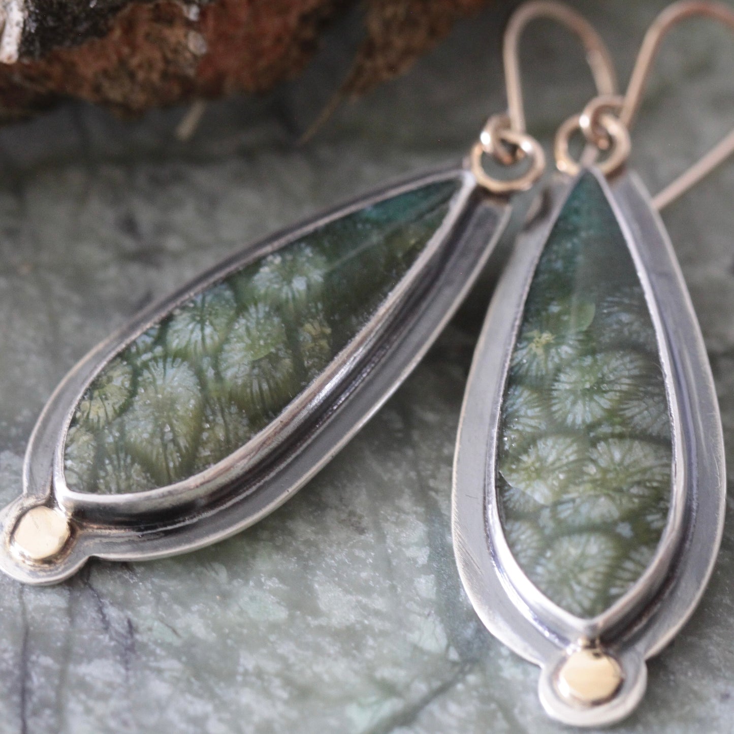 Green Fossilized Coral Sterling silver, 18K, 14K GF Dangle Earrings