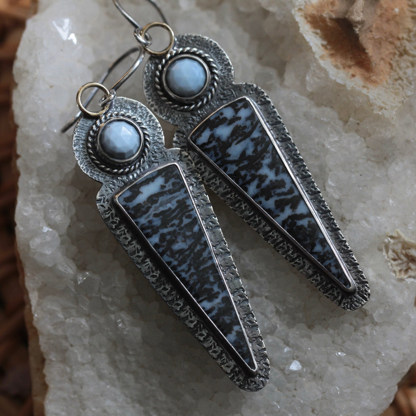 Rose Cut Blue Opal and Petrified Palmroot Sterling Silver Dangle Earrings