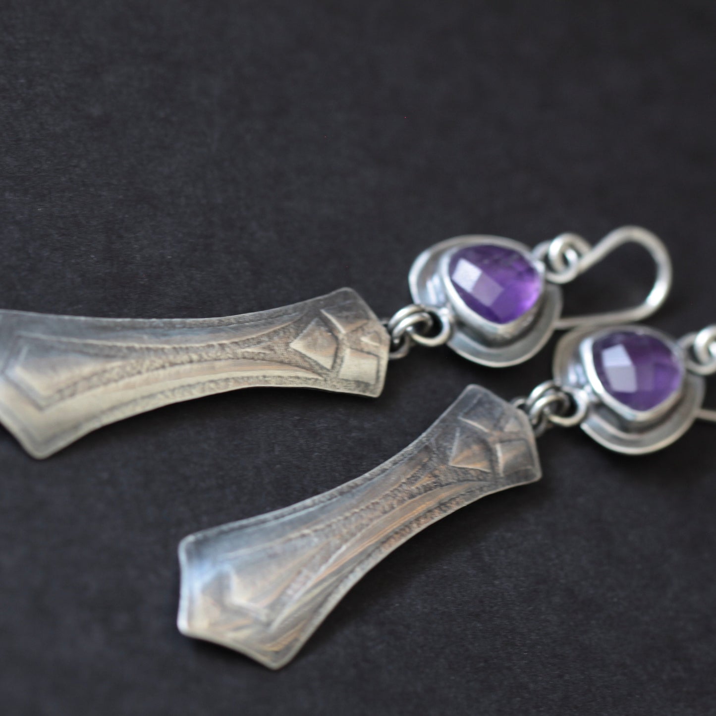 Rosecut Amethyst Trillion Roll Print Sterling Silver Earrings