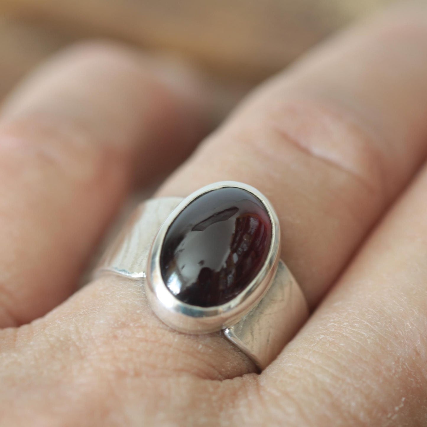 Moody Oval Red Garnet on Tapered Sterling Silver Band size 7.5