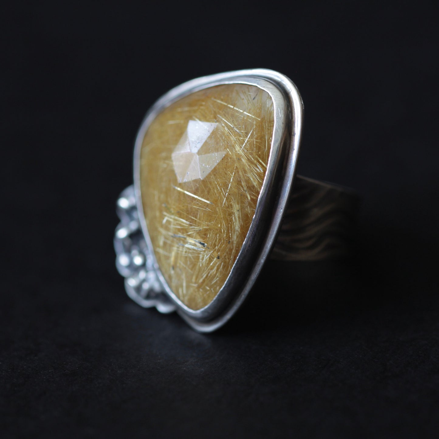 Golden Rutile Rose Cut Quartz Queen Statement Ring Sterling Silver Recycled