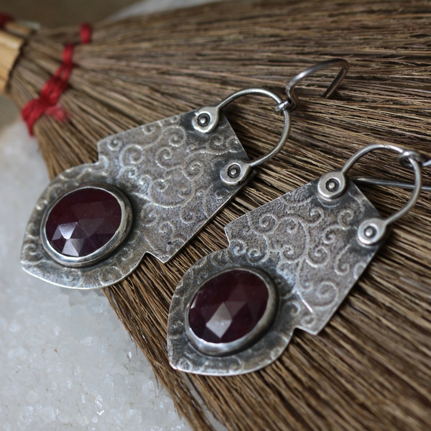 Deep Red Sapphire Roller Print Scroll Sterling Silver Earrings