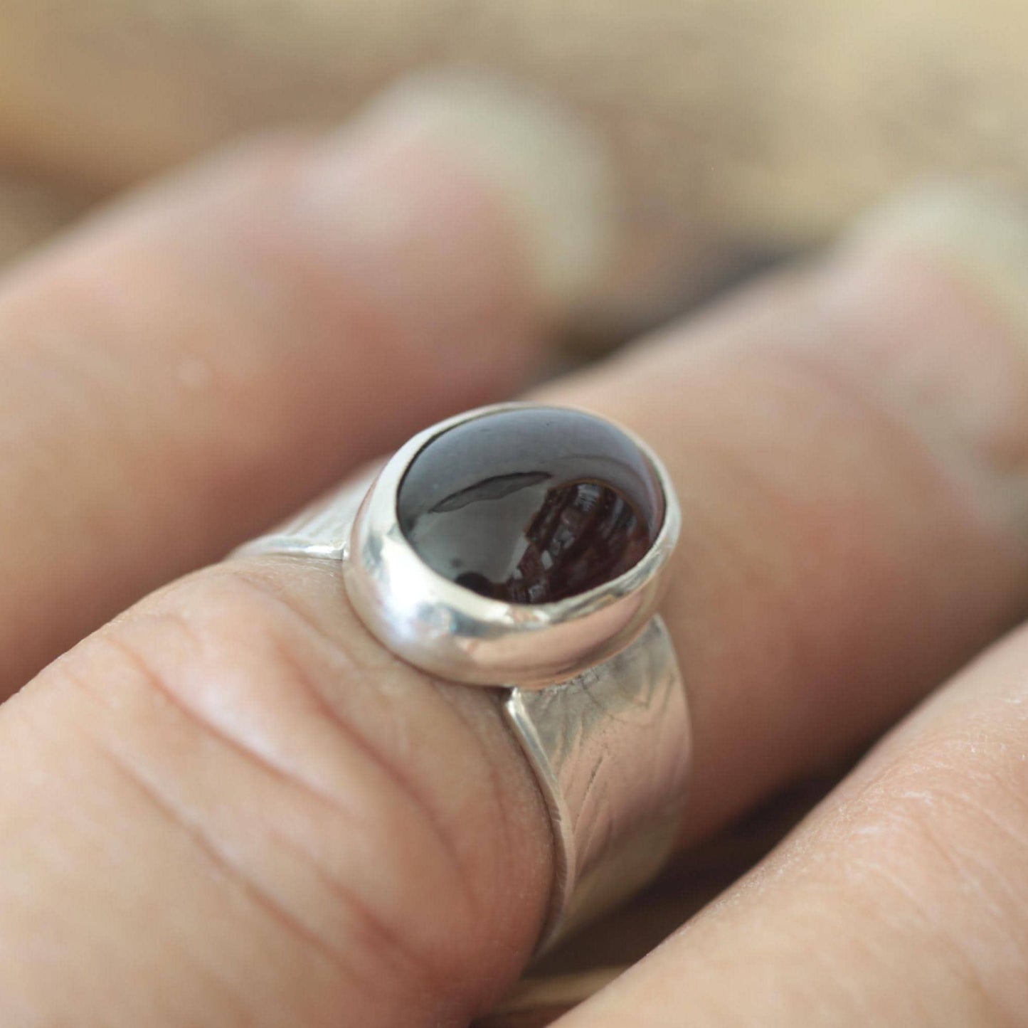 Moody Oval Red Garnet on Tapered Sterling Silver Band size 7.5