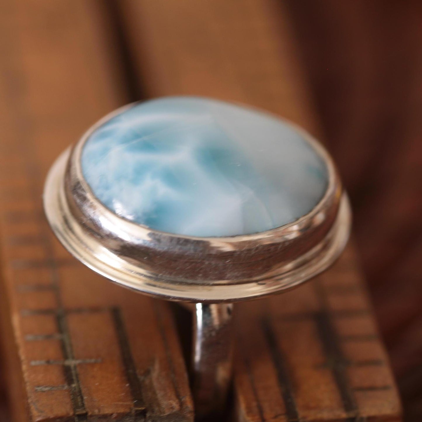 Larimar Roll-Printed Sterling and Fine Silver Artisan Ring size 9