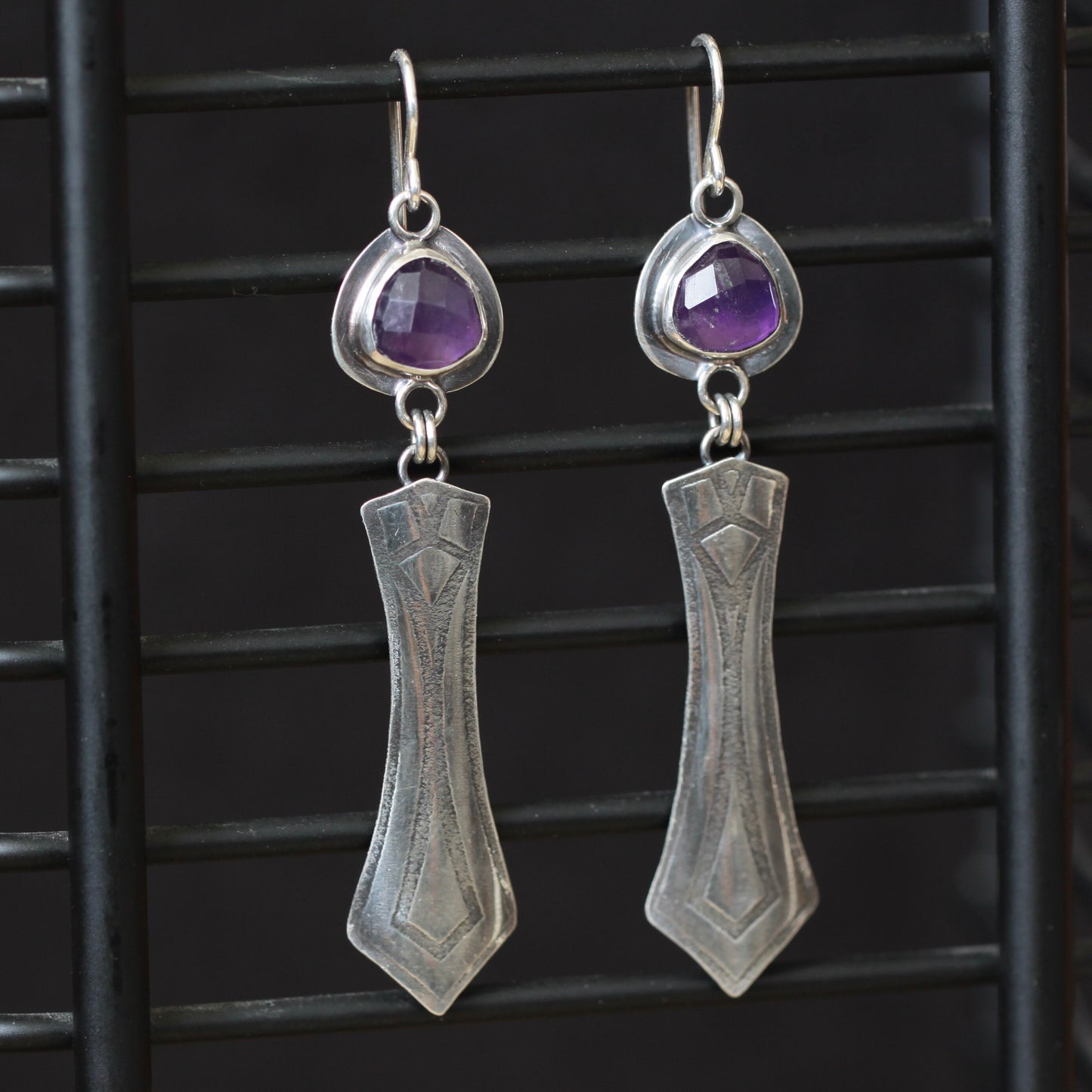 Rosecut Amethyst Trillion Roll Print Sterling Silver Earrings