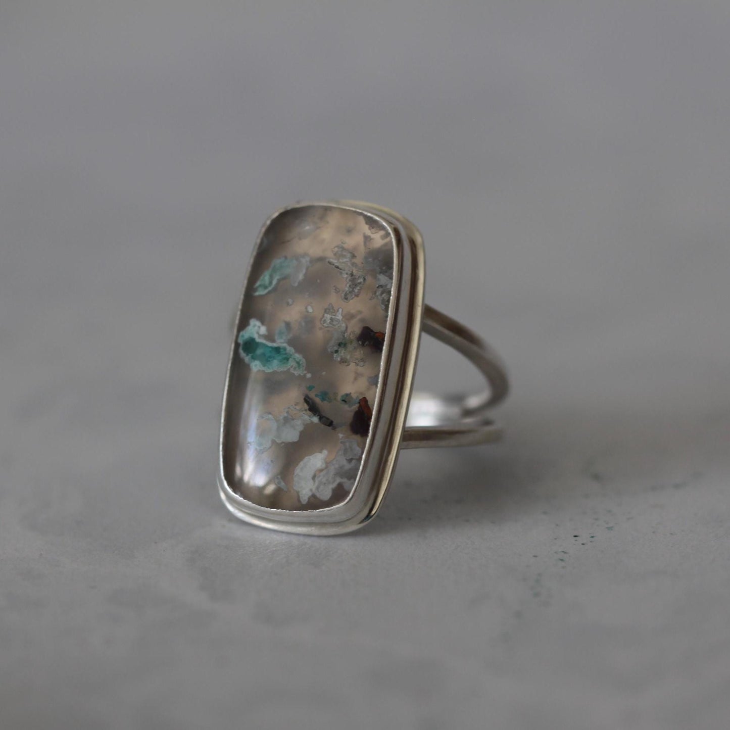 Copper and Chrysocolla in Chalcedony, Sugarwater Agate Sterling Silver Artisan Ring size 7.5