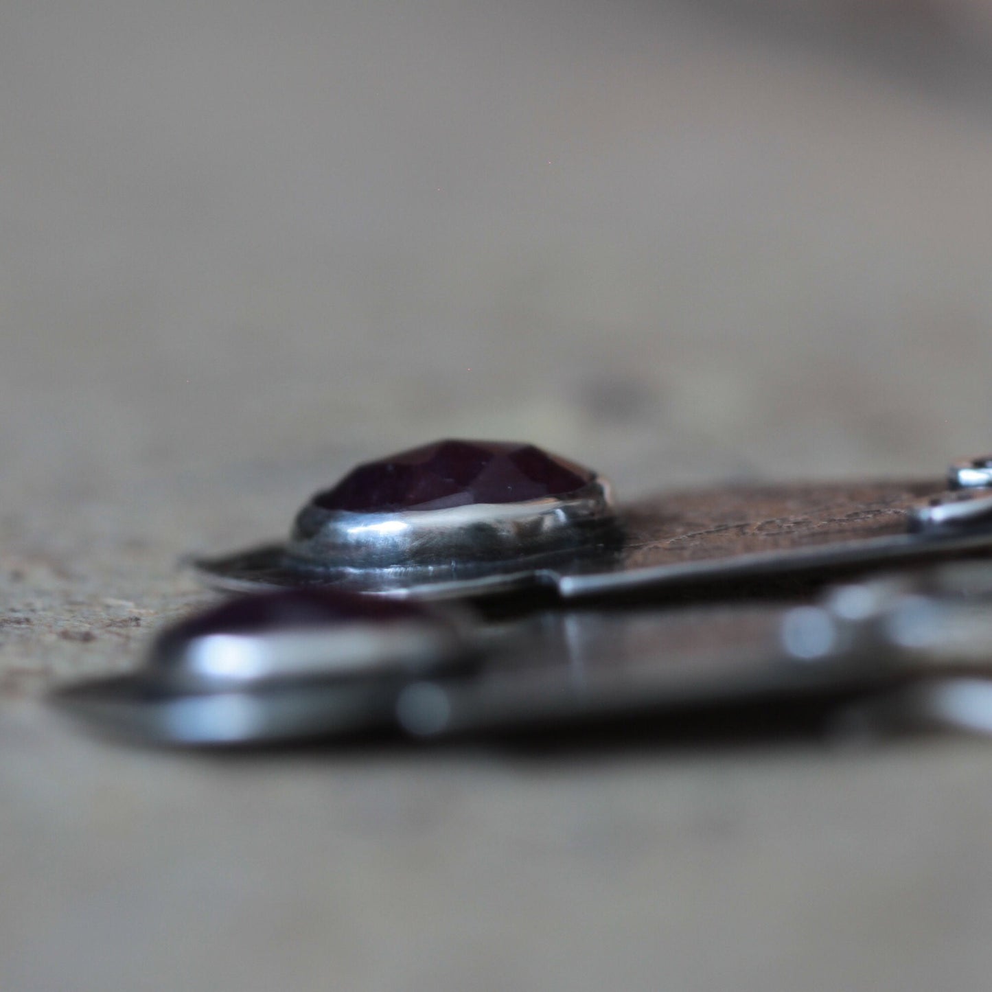 Deep Red Sapphire Roller Print Scroll Sterling Silver Earrings