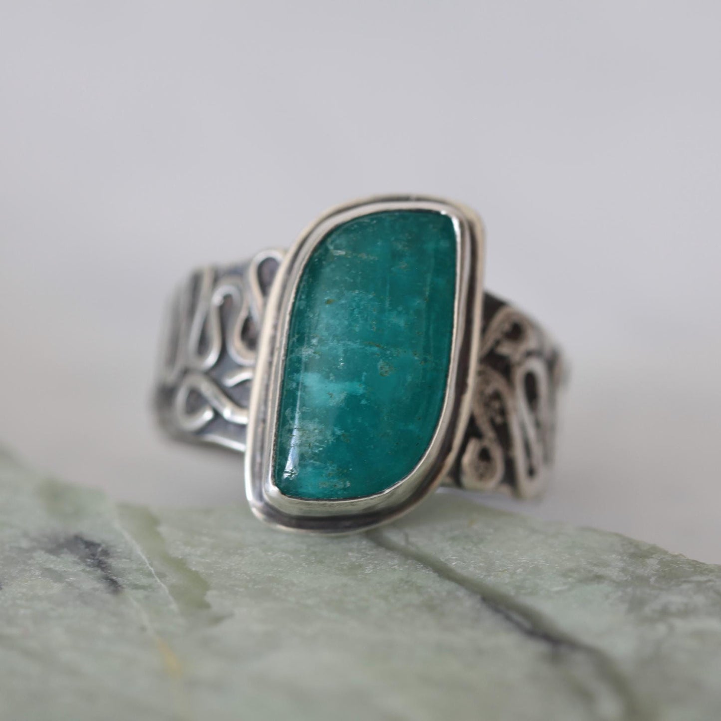 Russian Amazonite Sterling Silver Heavy Texture Tapered Band size 9.25