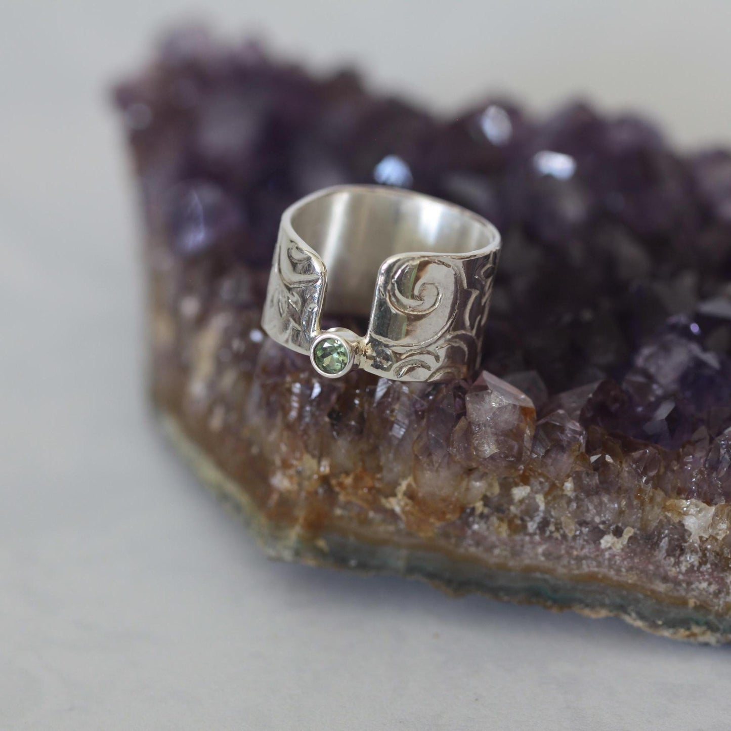 Sweet Mint Green Tourmaline set in a Unique Asymmetrical Ring of Roll Printed Recycled Sterling Silver size 6.5