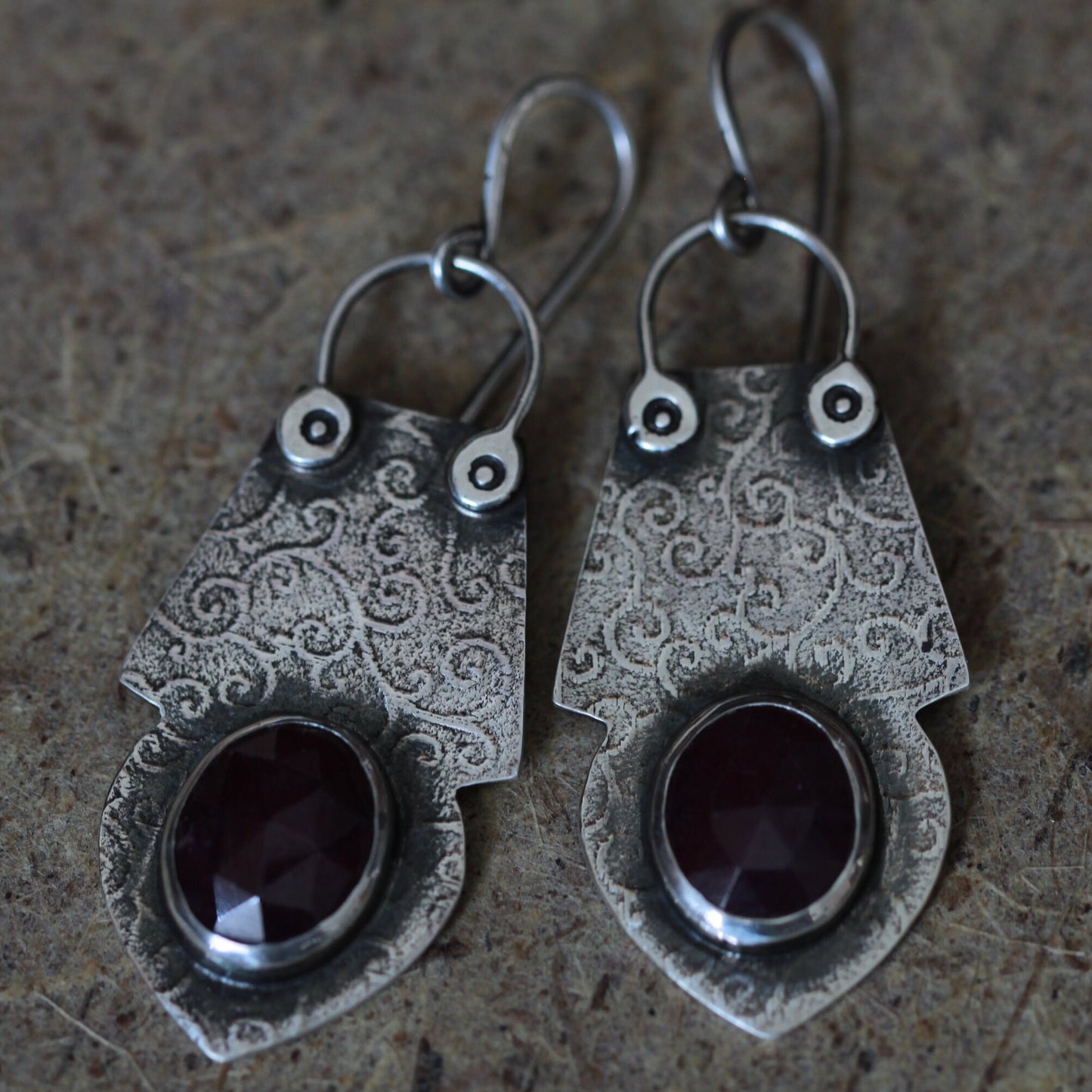 Deep Red Sapphire Roller Print Scroll Sterling Silver Earrings