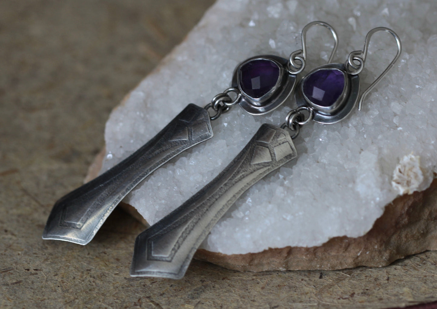 Rosecut Amethyst Trillion Roll Print Sterling Silver Earrings