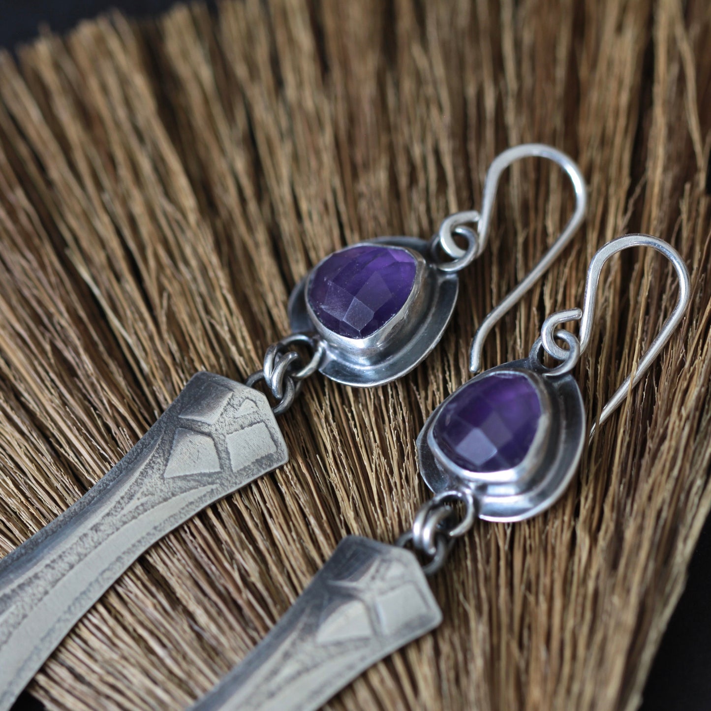 Rosecut Amethyst Trillion Roll Print Sterling Silver Earrings