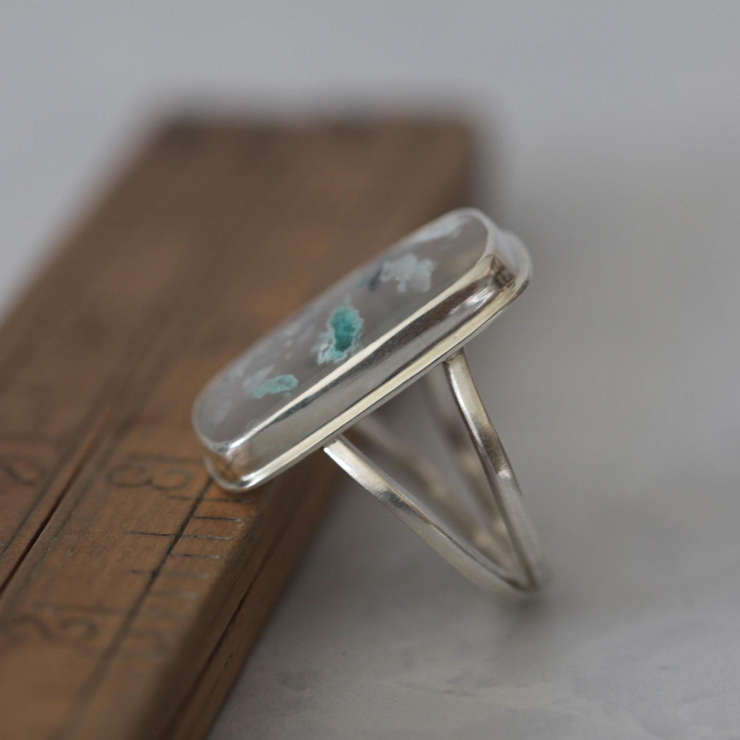 Copper and Chrysocolla in Chalcedony, Sugarwater Agate Sterling Silver Artisan Ring size 7.5