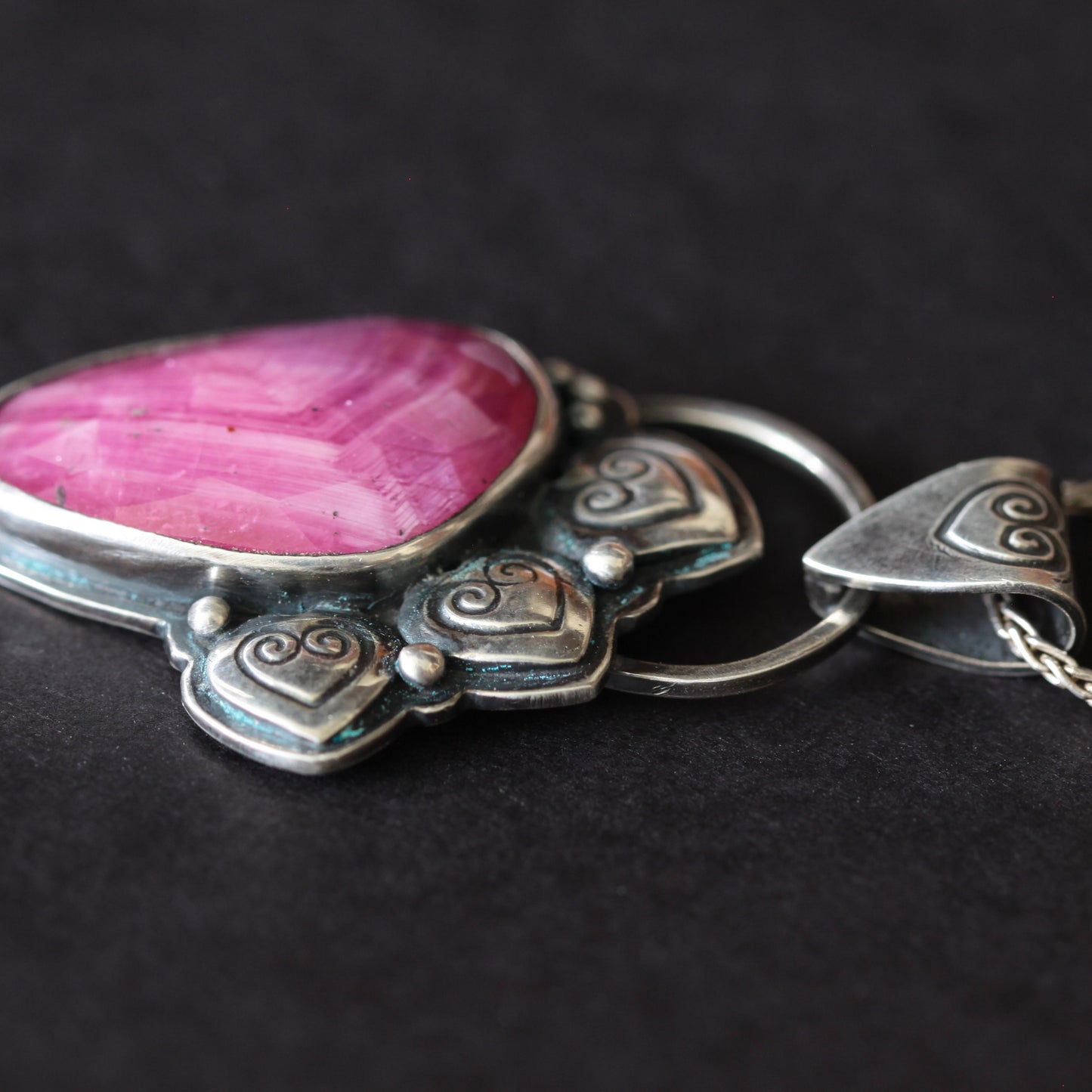 Hot Pink Rose Cut Sapphire Slice Sterling Hearts Pendant