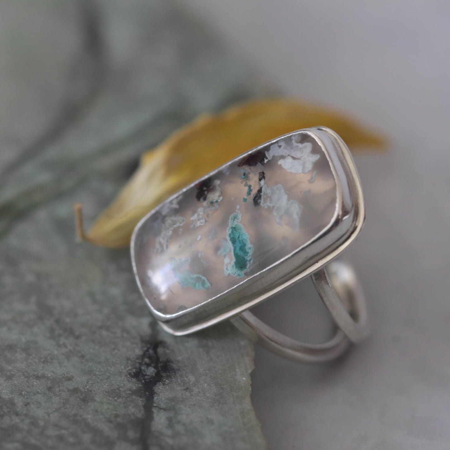 Copper and Chrysocolla in Chalcedony, Sugarwater Agate Sterling Silver Artisan Ring size 7.5