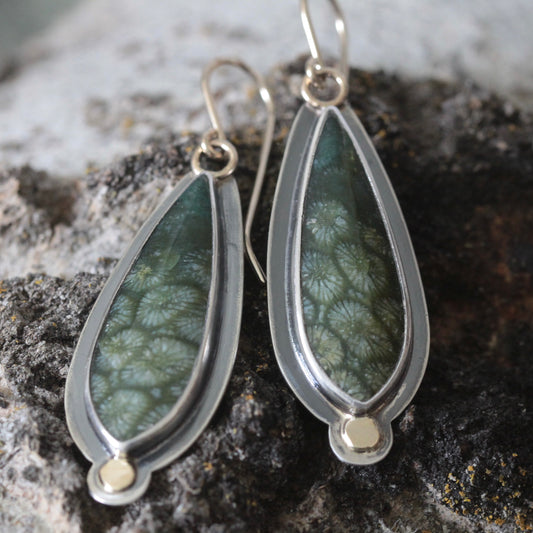 Green Fossilized Coral Sterling silver, 18K, 14K GF Dangle Earrings