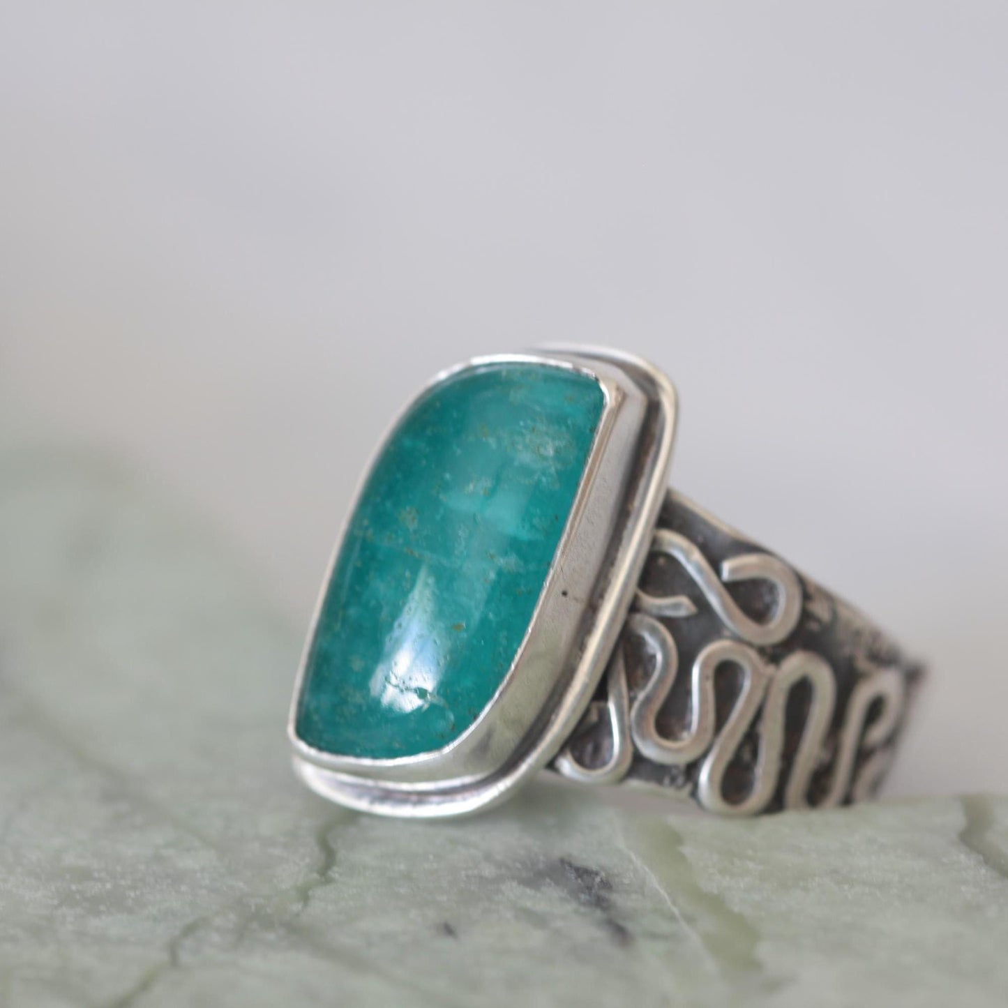 Russian Amazonite Sterling Silver Heavy Texture Tapered Band size 9.25