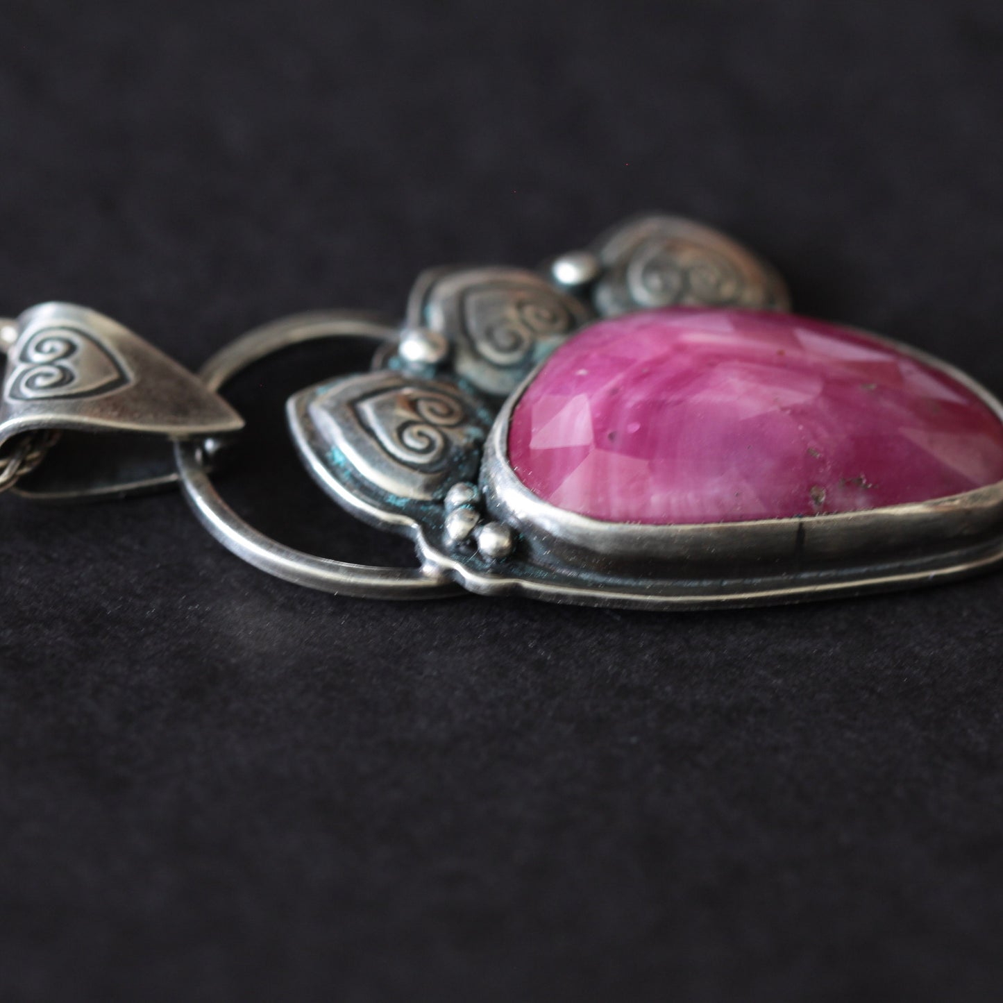 Hot Pink Rose Cut Sapphire Slice Sterling Hearts Pendant