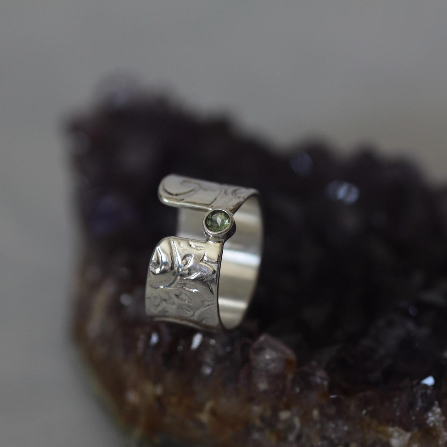 Sweet Mint Green Tourmaline set in a Unique Asymmetrical Ring of Roll Printed Recycled Sterling Silver size 6.5