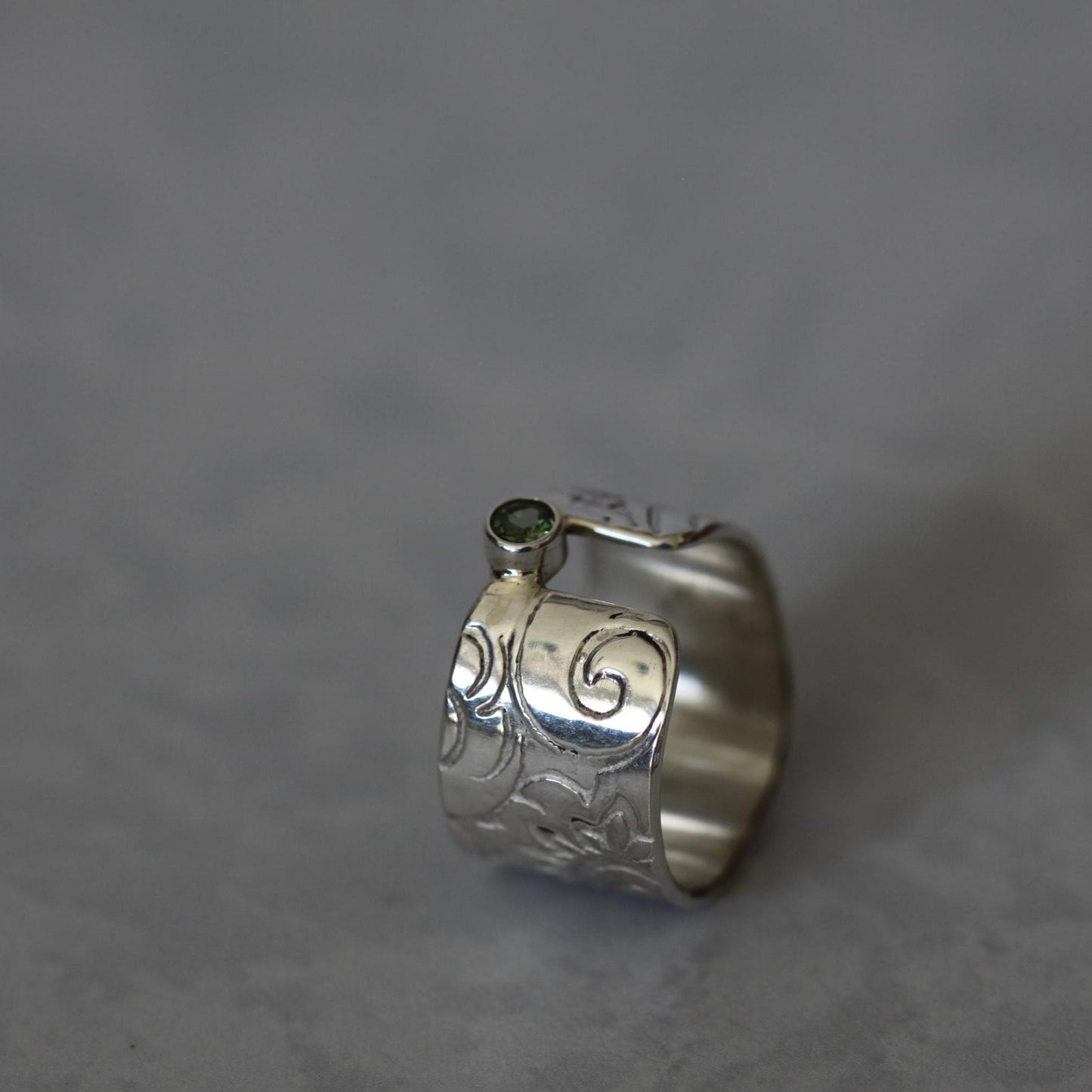 Sweet Mint Green Tourmaline set in a Unique Asymmetrical Ring of Roll Printed Recycled Sterling Silver size 6.5