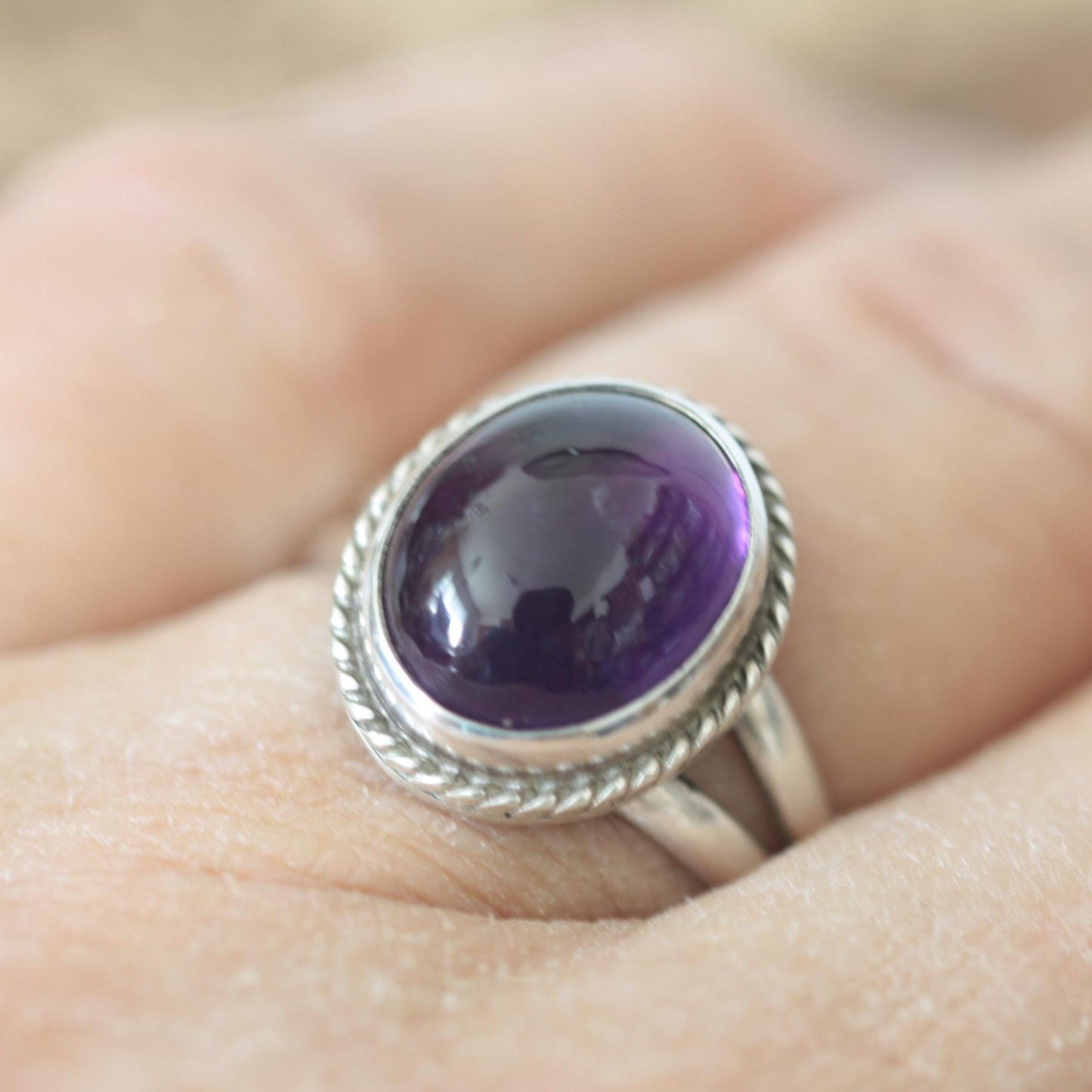 Oval Amethyst Classically Set Sterling Silver Ring size 7.5