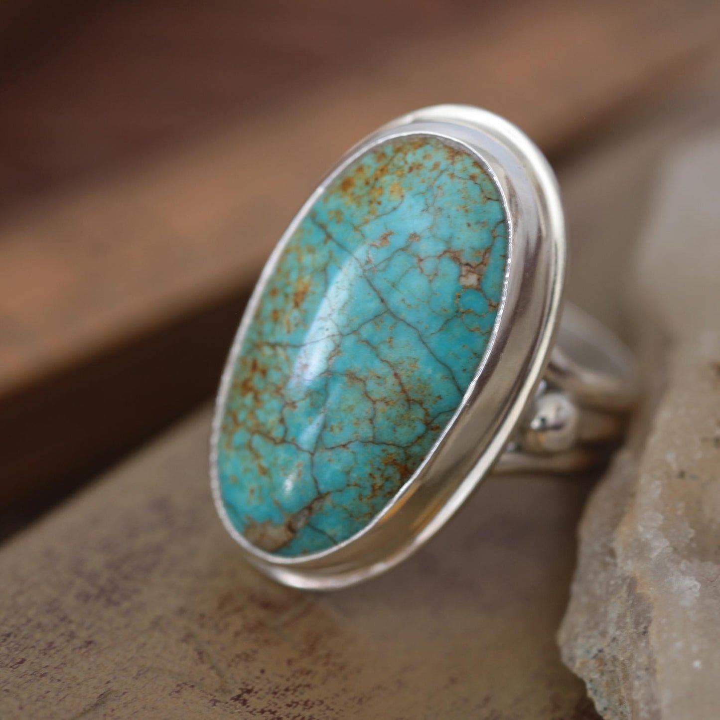 Turquoise Mountain Cabochon Sterling Silver Artisan Ring size 6.75