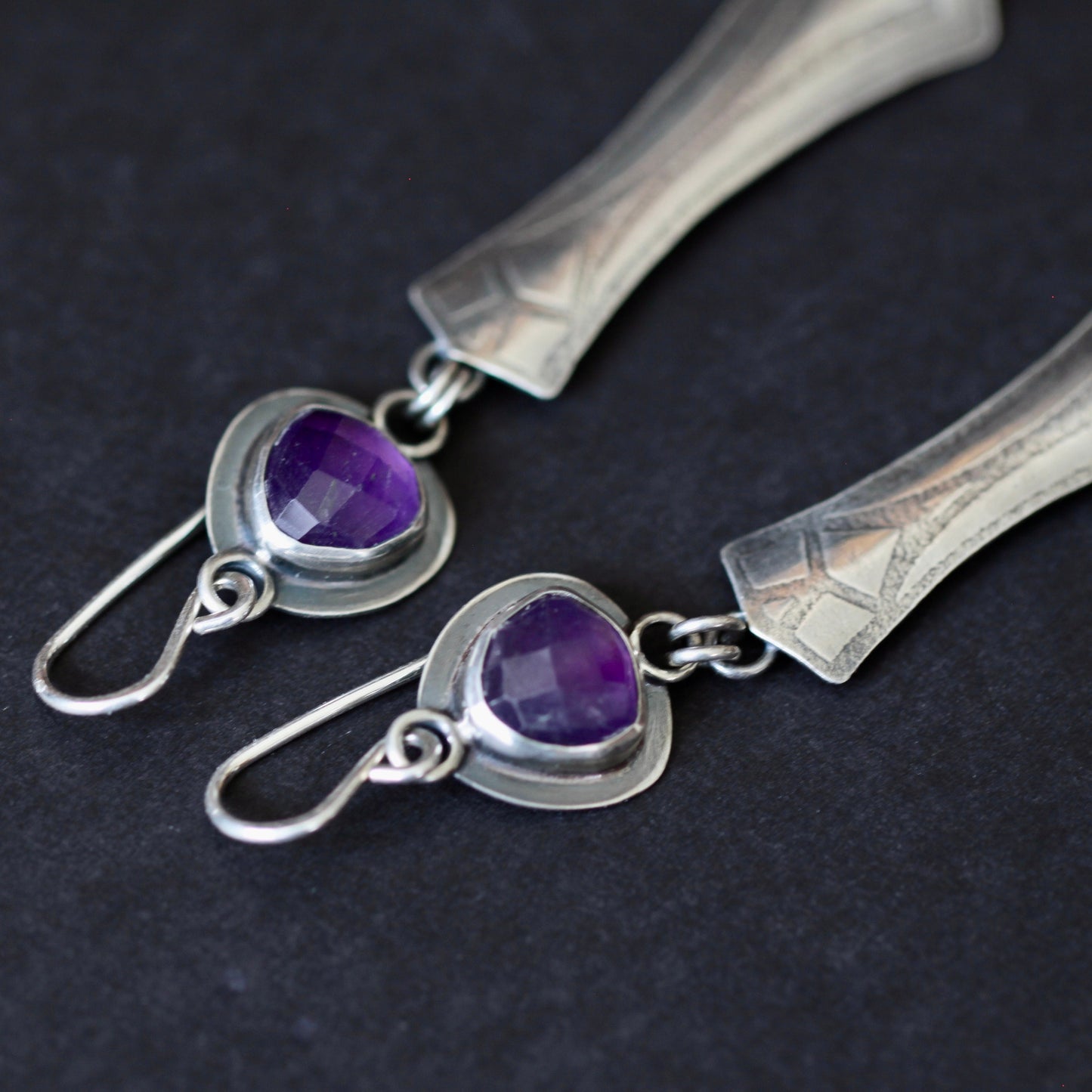 Rosecut Amethyst Trillion Roll Print Sterling Silver Earrings