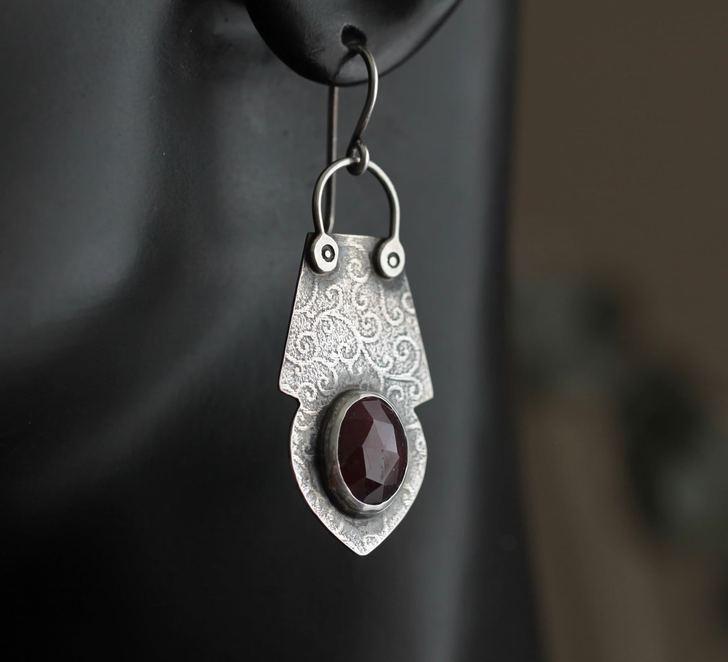 Deep Red Sapphire Roller Print Scroll Sterling Silver Earrings