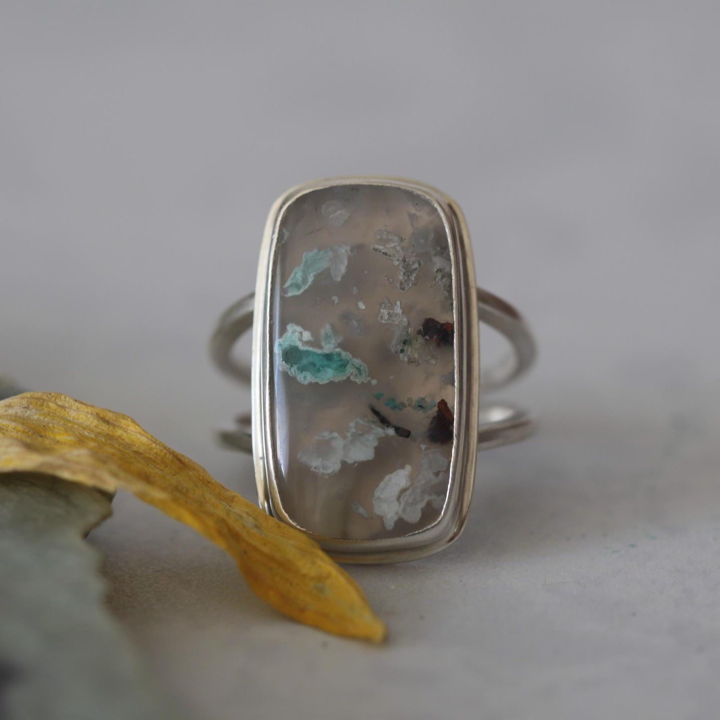 Copper and Chrysocolla in Chalcedony, Sugarwater Agate Sterling Silver Artisan Ring size 7.5