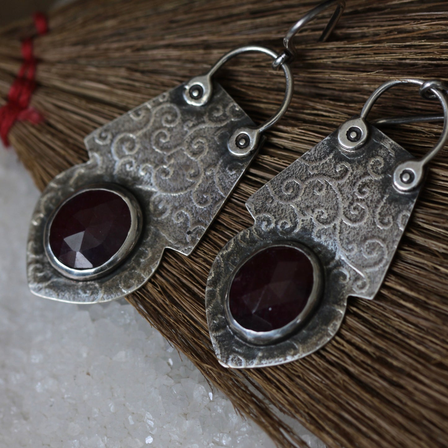 Deep Red Sapphire Roller Print Scroll Sterling Silver Earrings