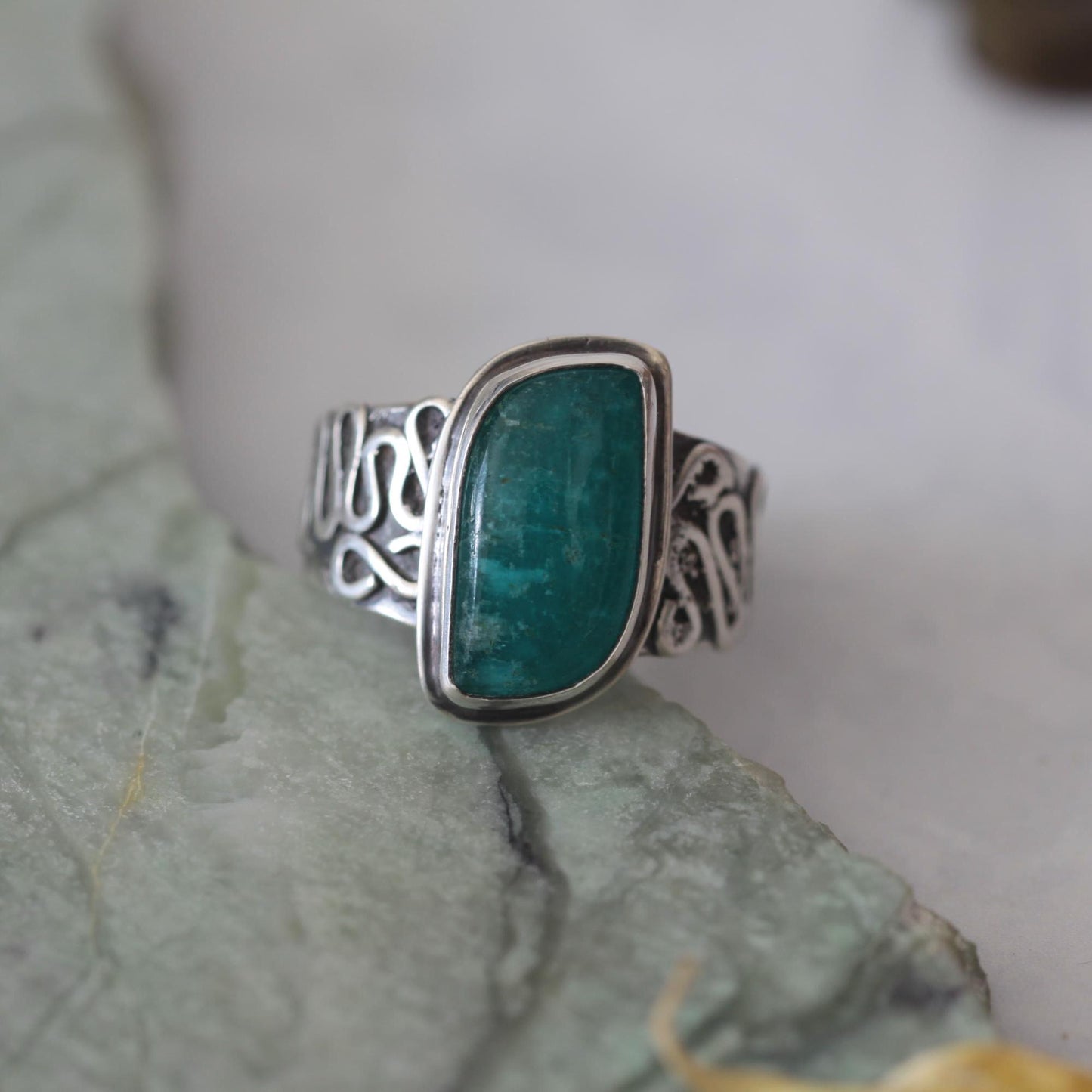 Russian Amazonite Sterling Silver Heavy Texture Tapered Band size 9.25