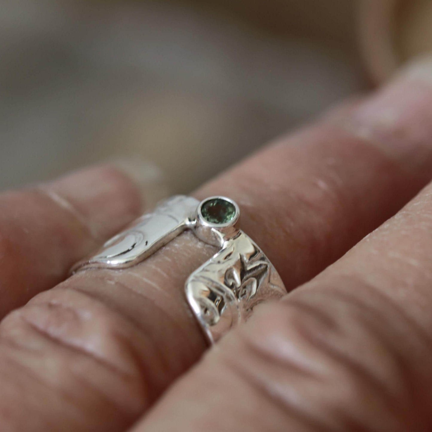 Sweet Mint Green Tourmaline set in a Unique Asymmetrical Ring of Roll Printed Recycled Sterling Silver size 6.5