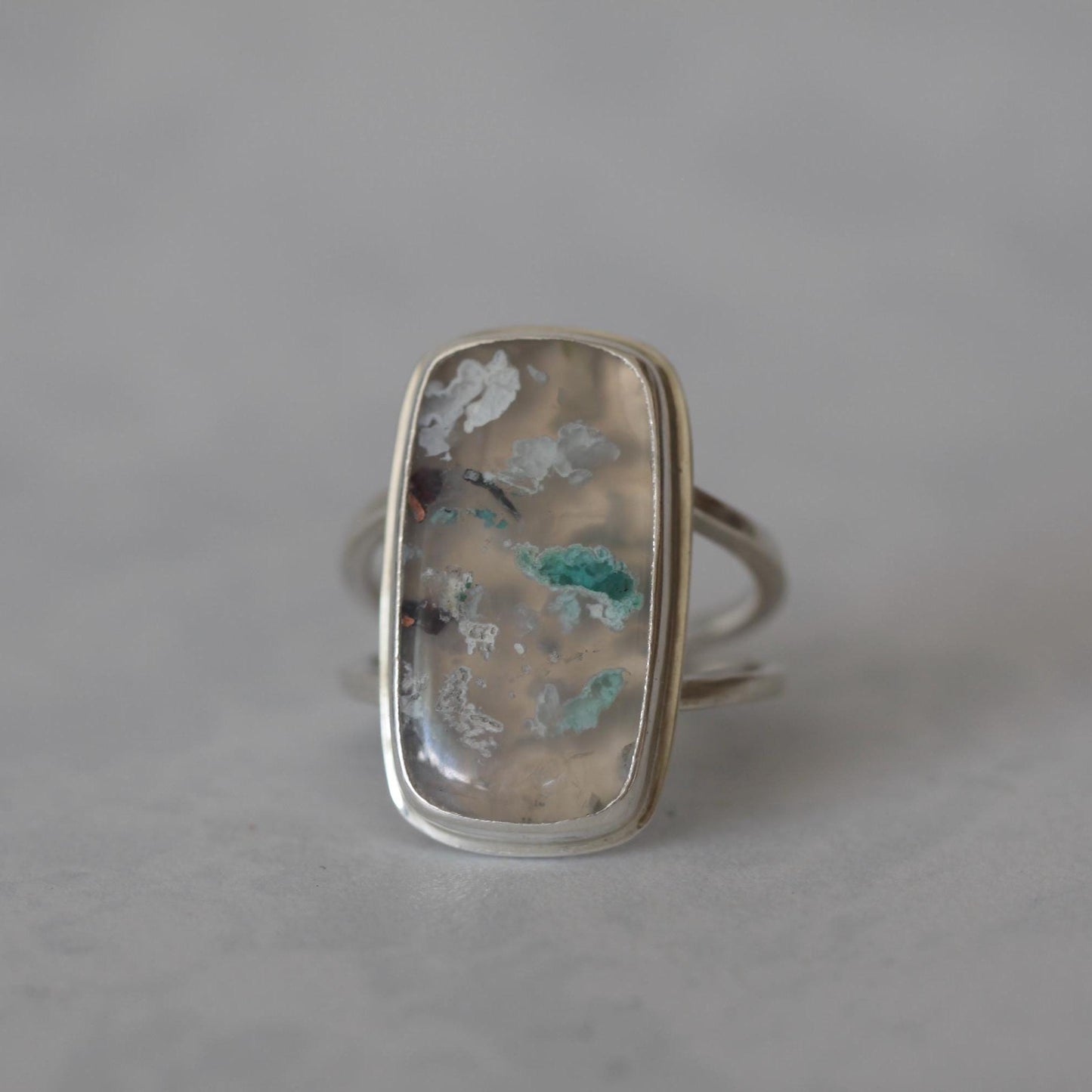 Copper and Chrysocolla in Chalcedony, Sugarwater Agate Sterling Silver Artisan Ring size 7.5