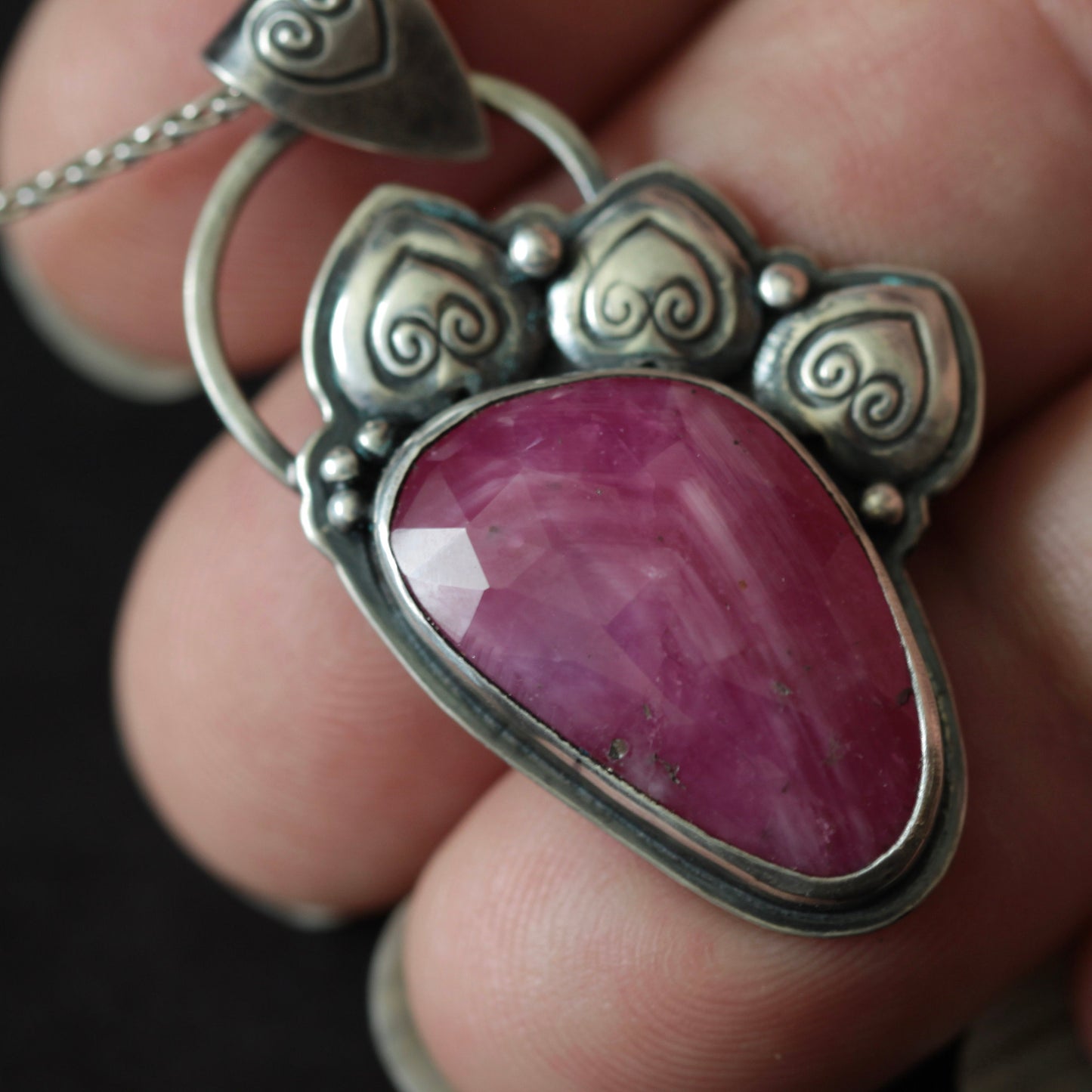 Hot Pink Rose Cut Sapphire Slice Sterling Hearts Pendant