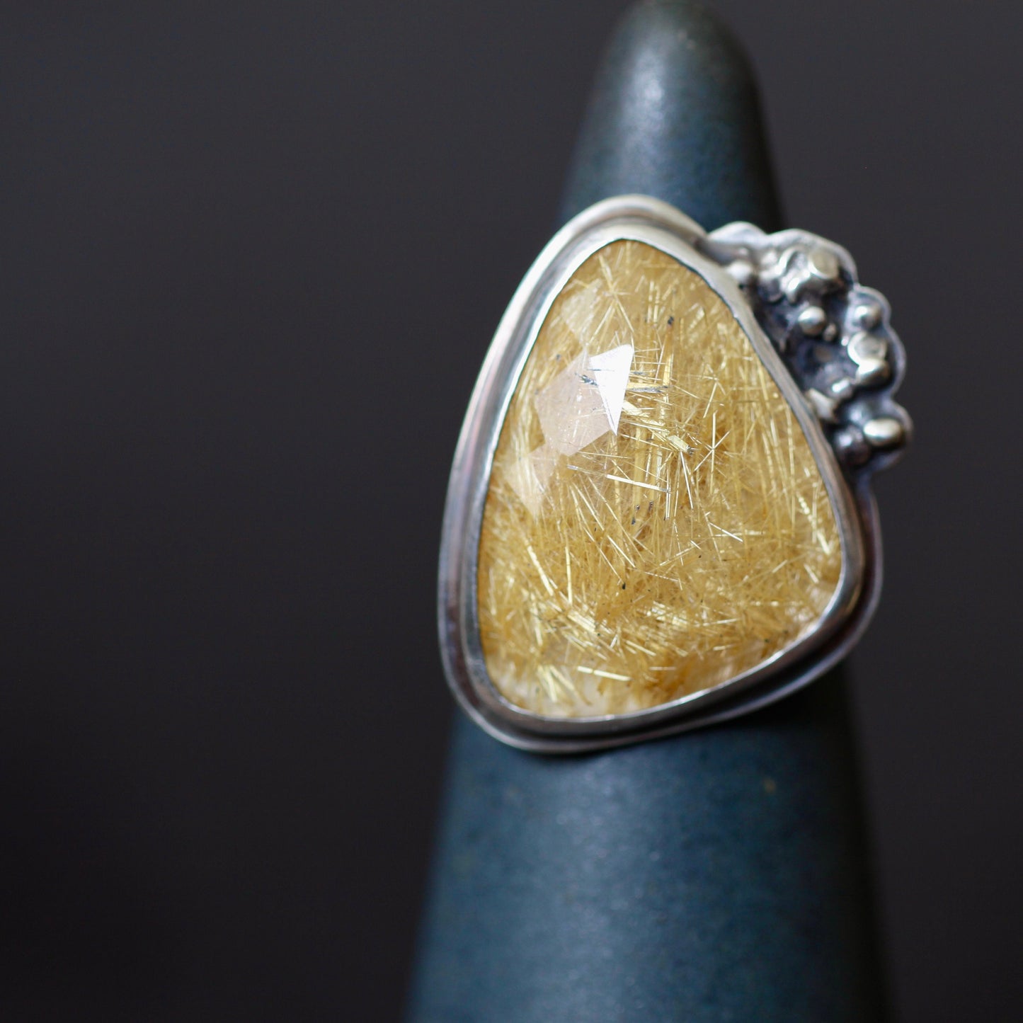 Golden Rutile Rose Cut Quartz Queen Statement Ring Sterling Silver Recycled